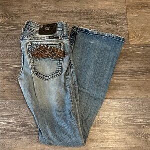 Miss Me Light Blue Flare Jeans with Wing Embellishments